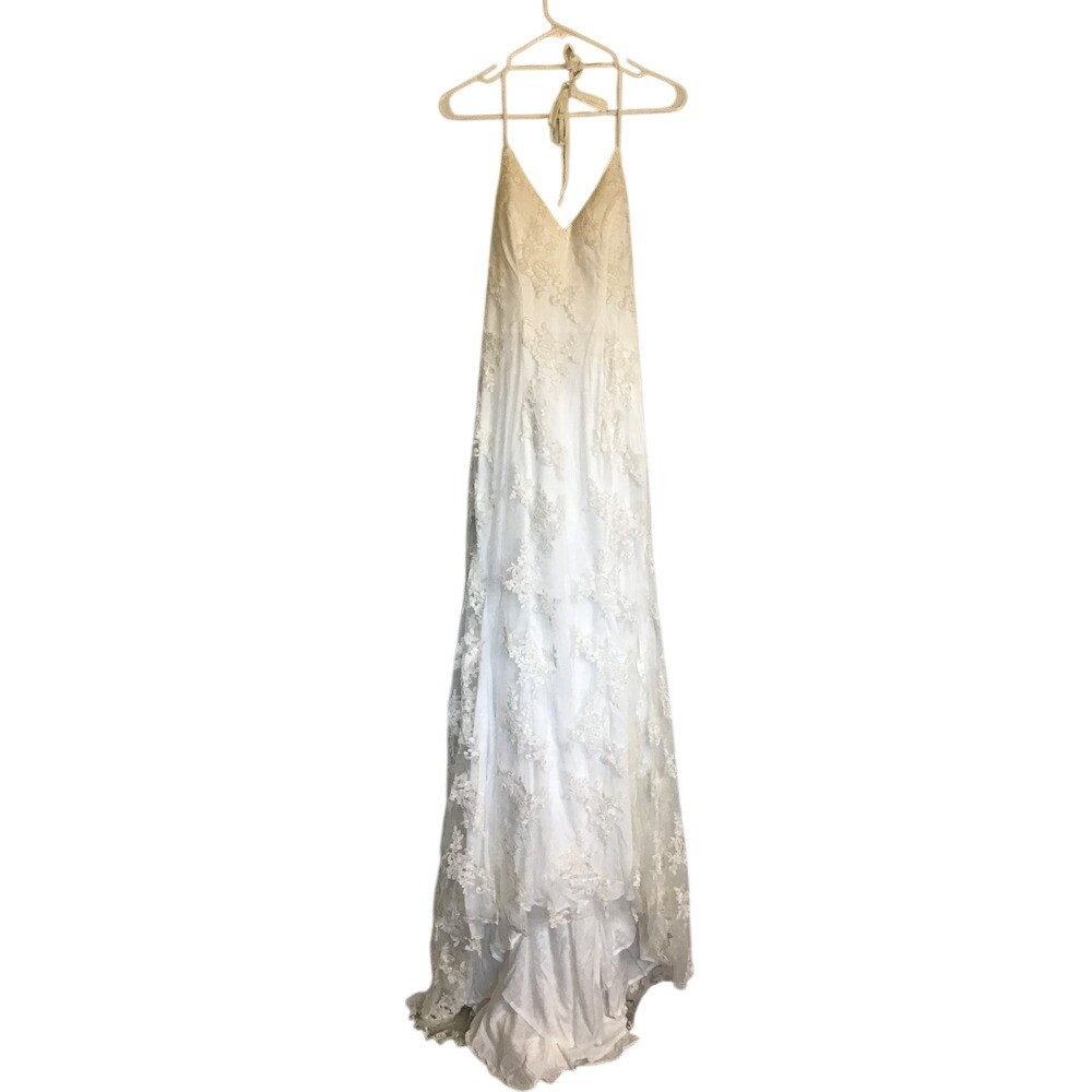 Stacees Women’s Ivory Floral Lace Open Back Spaghetti Strap Bridal Dress NWT