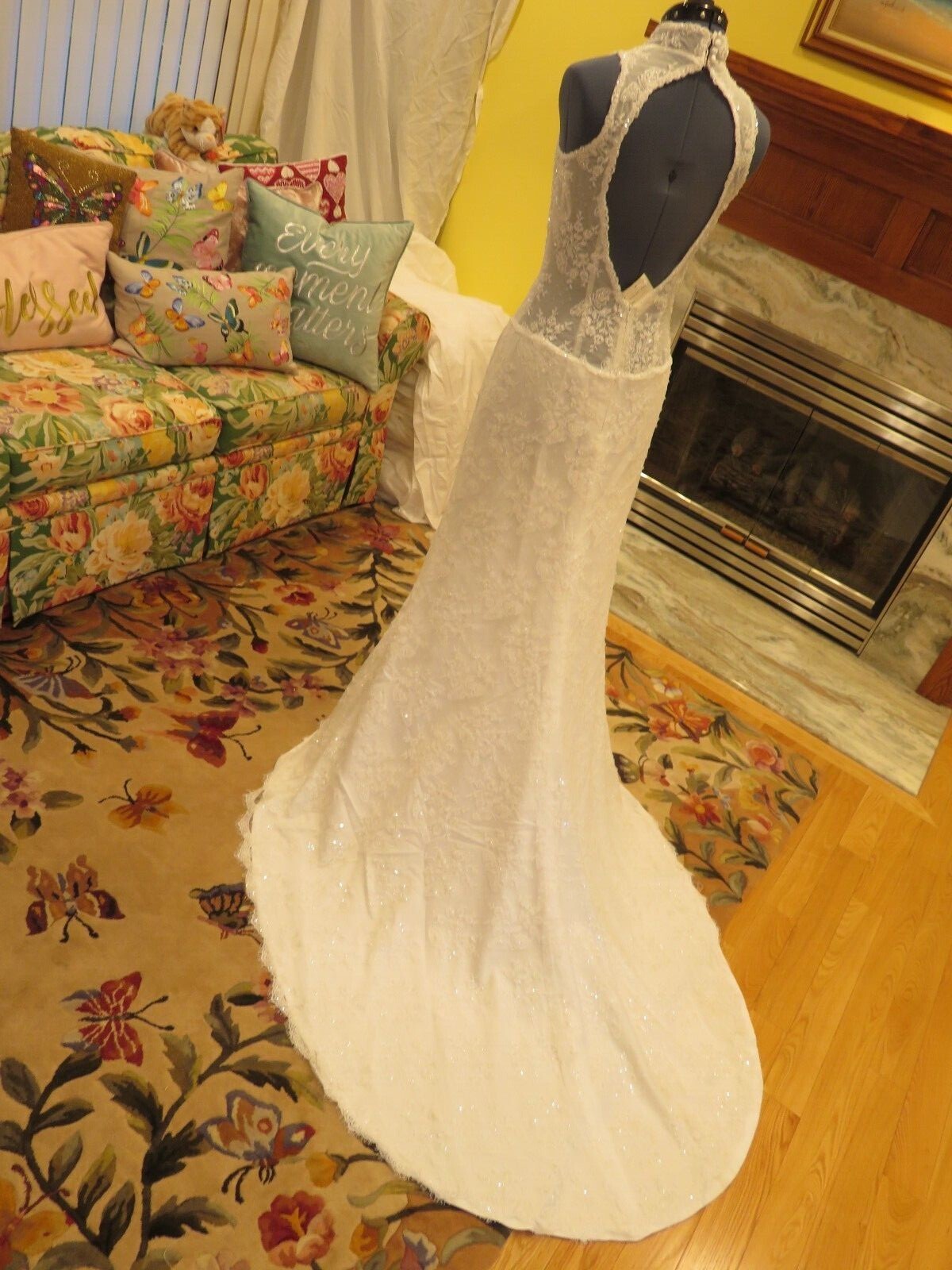 NEW Bridal Vintage Wedding Dress LACE Gown Train BEACH SPARKLE ROMANTIC FREE SHI