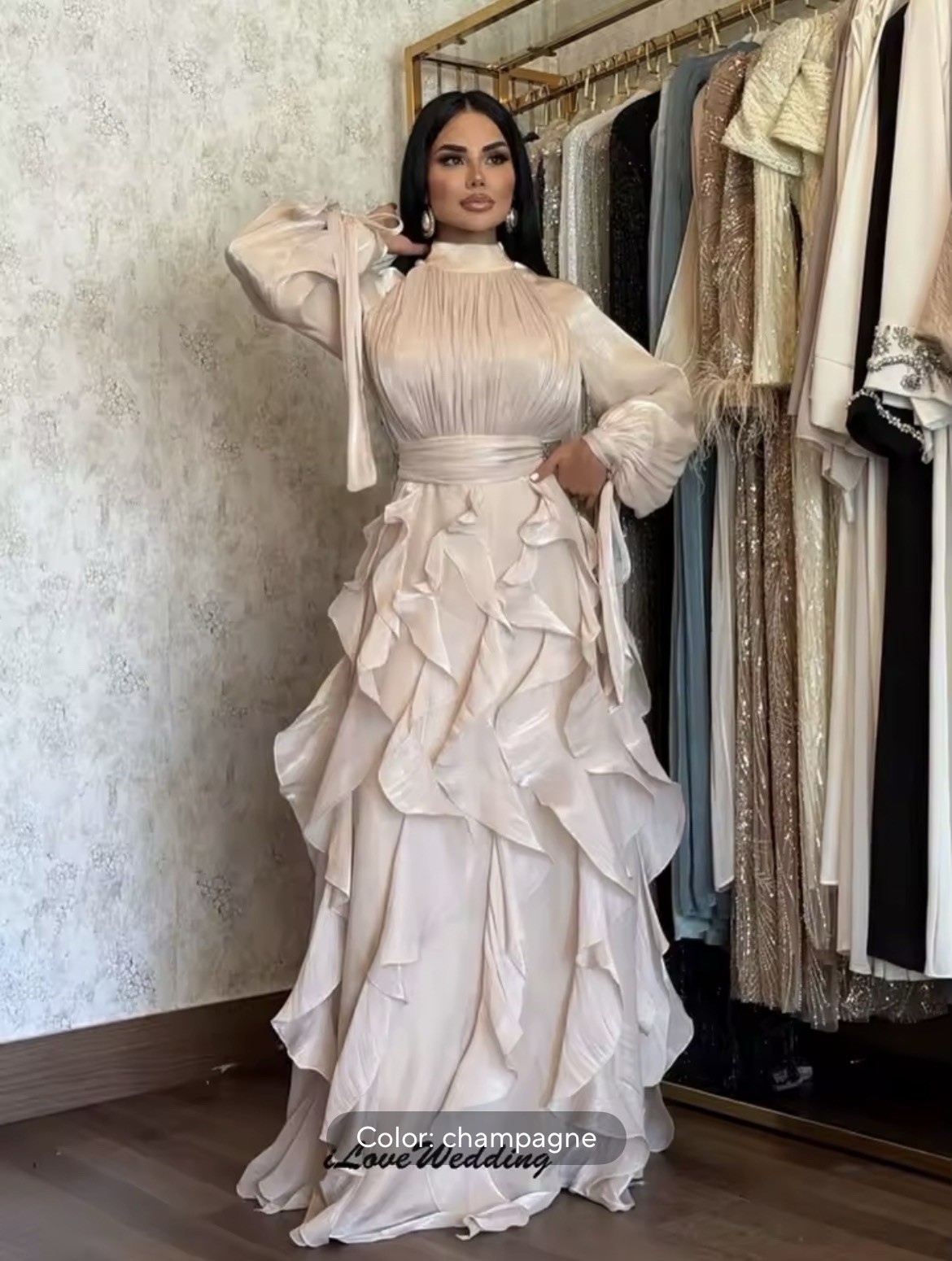 Champagne Classic High Neck Long Sleeve Ruffle ALine Full-Length Wedding Dress M