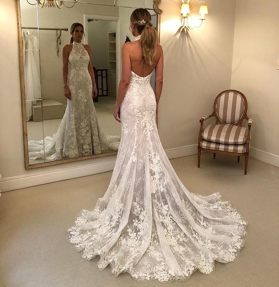 Mermaid Wedding Dresses Halter Neck Backless White Ivory Sweep Train Bridal Gown