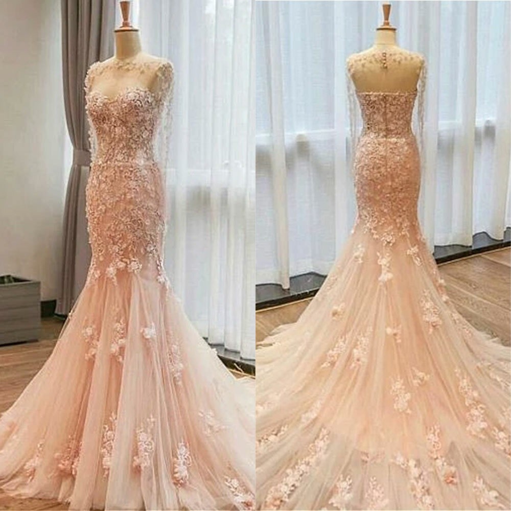 Blush Pink Mermaid Wedding Dresses Sleeveless 3D Floral Appliques Bridal Gowns