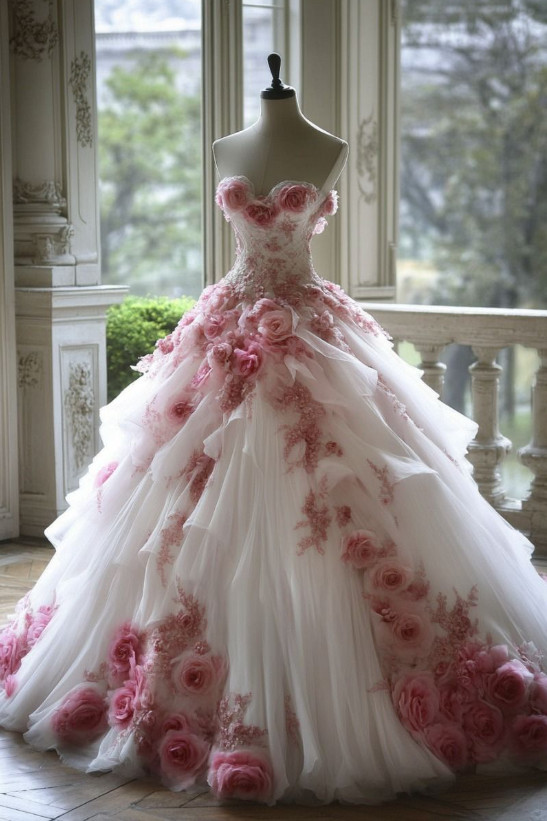 Princess White and Pink Florals Wedding Dresses Sweetheart Tiered Beaded A Line