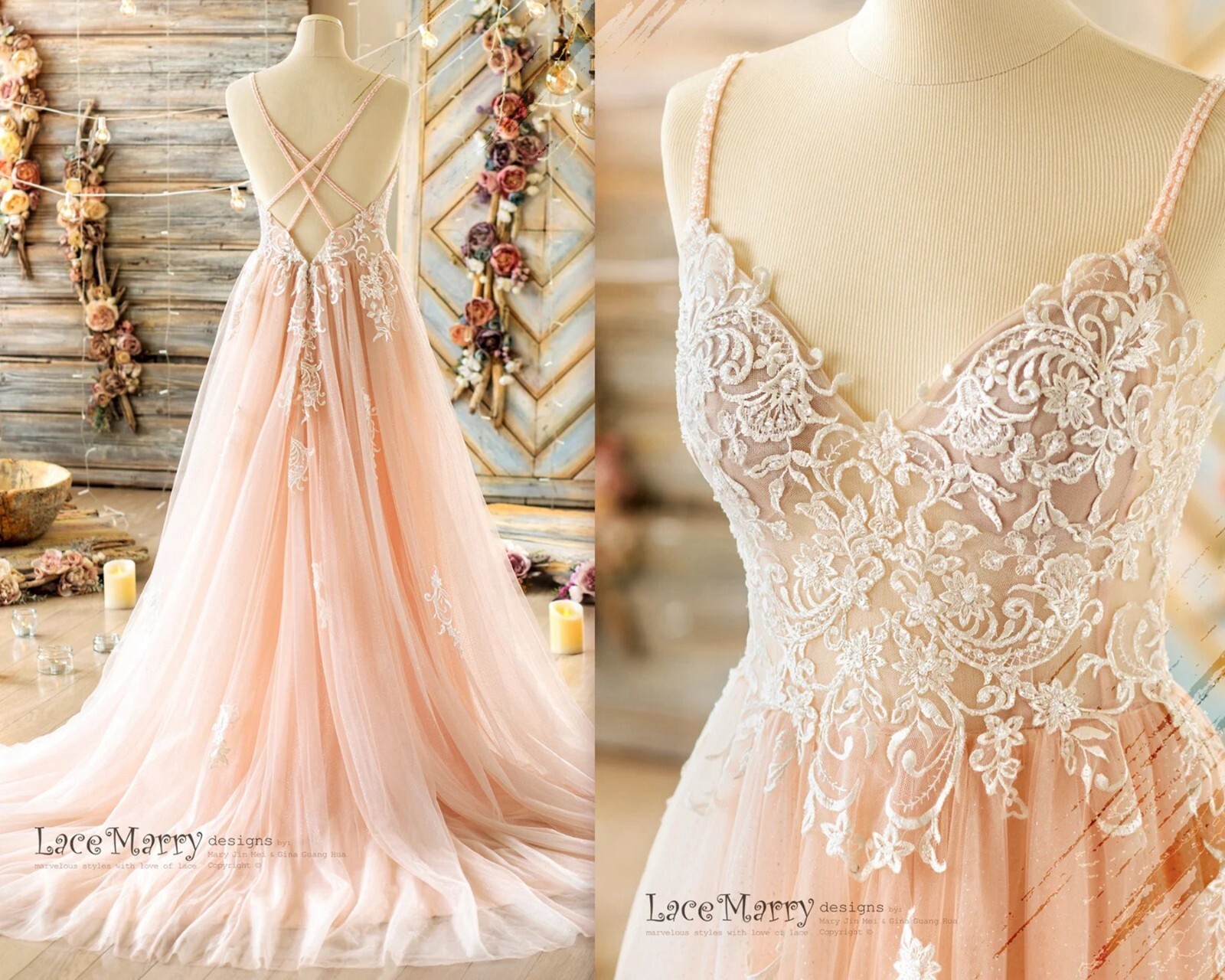 Blush Wedding Dress Beading Glitter Skirt Bridal gown Croo Straps Deep Open Back