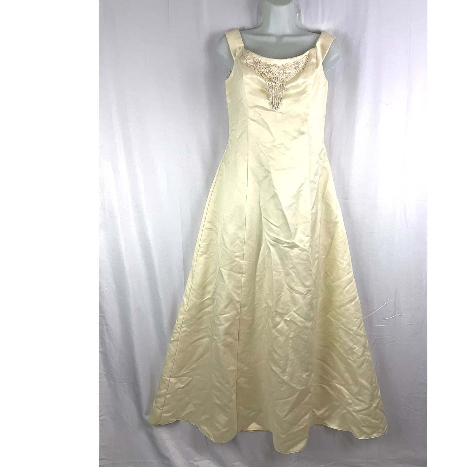 Jessica McClintock Off Shoulder Champagne Satin Wedding Gown Dress Sz 10 Beaded