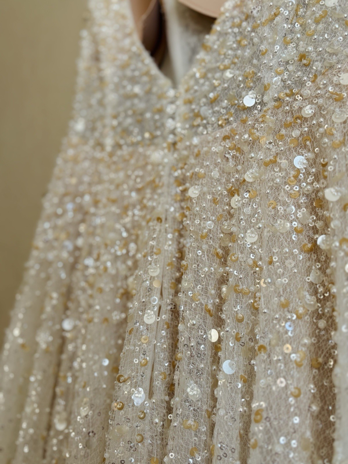 Martina Liana Size 10 Ivory/Champagne Sequin Beaded V-Neck A-Line Gown