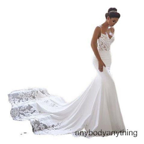 Spaghetti Strap Wedding Dresses Mermaid Train Bridal Gown Lace Satin White Ivory