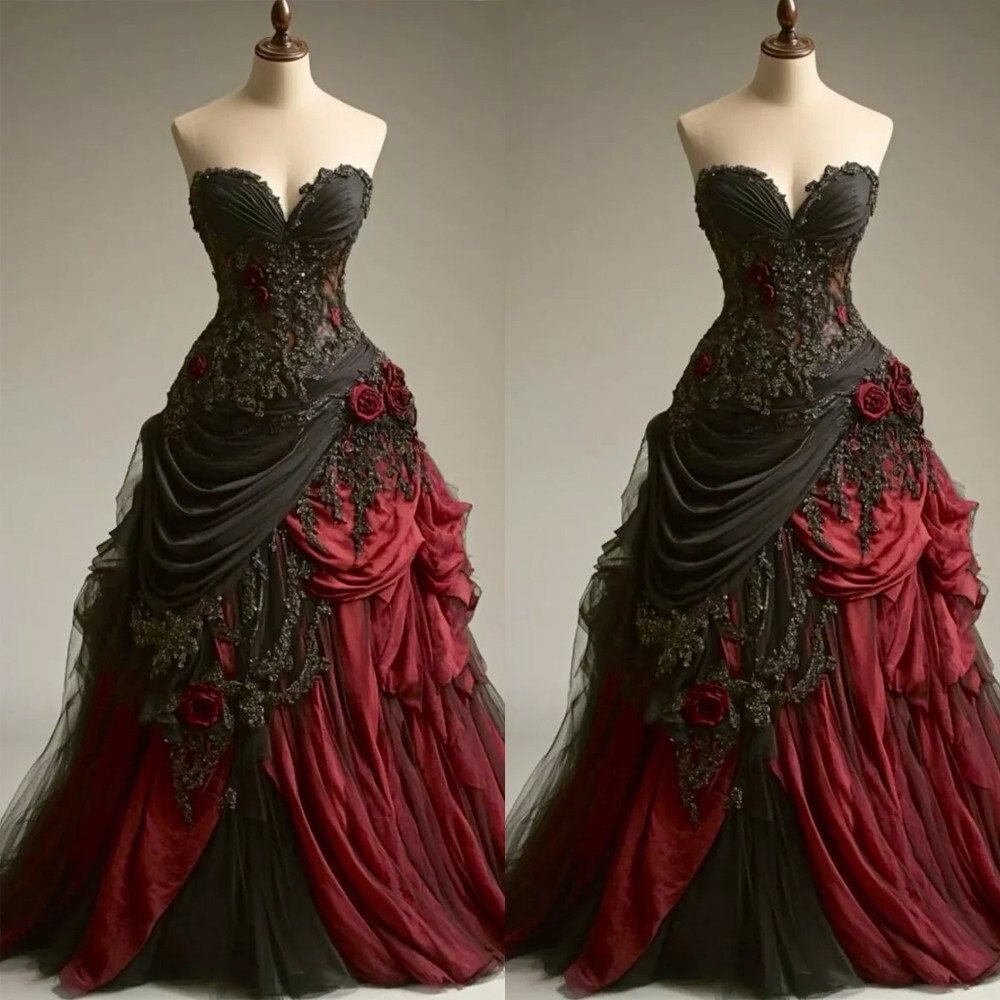 Gothic Black and Red Wedding Dresses Strapless Ruffled 3D Flowers Bridal Gowns