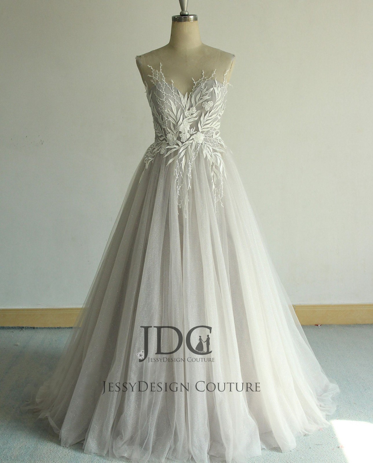 Silver grey glitter leaf lace wedding dress wedding dress 32-60 straps n.measurement
