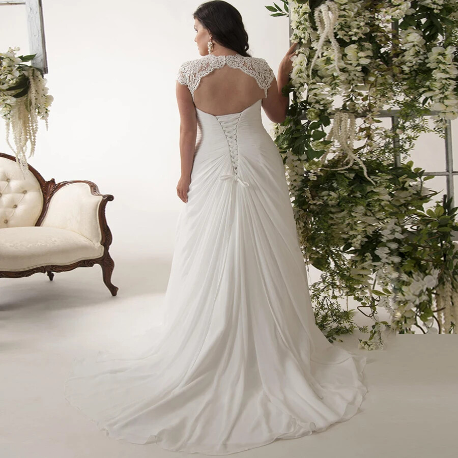 Plus Size Wedding Dresses Cap Sleeve V-neck Lace Applique Chiffon Beach Dress