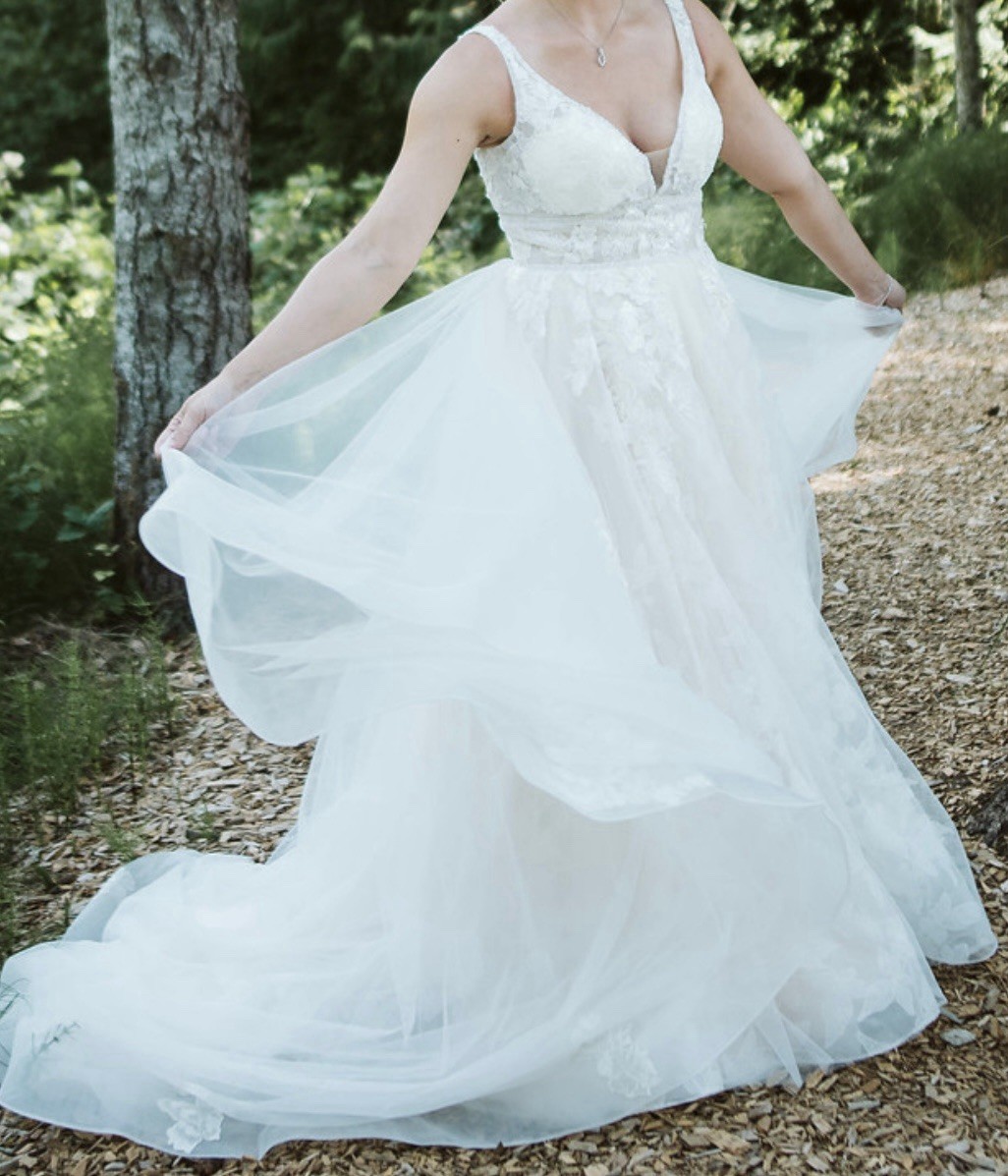 Champagne A Line Wedding Dress Beaded Straps Plunging V Neckline Open V Back