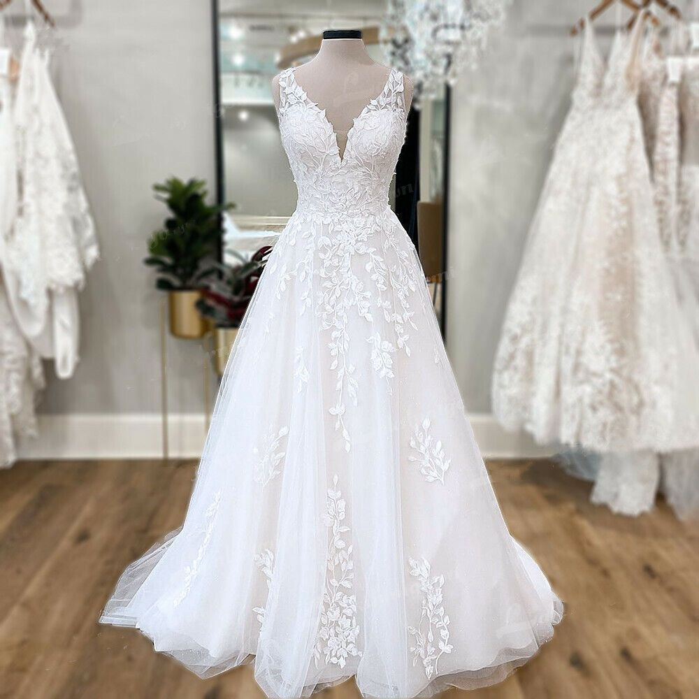 Beach Boho Wedding Dresses V Neck White Ivory Sleeveless Lace Bridal Gowns