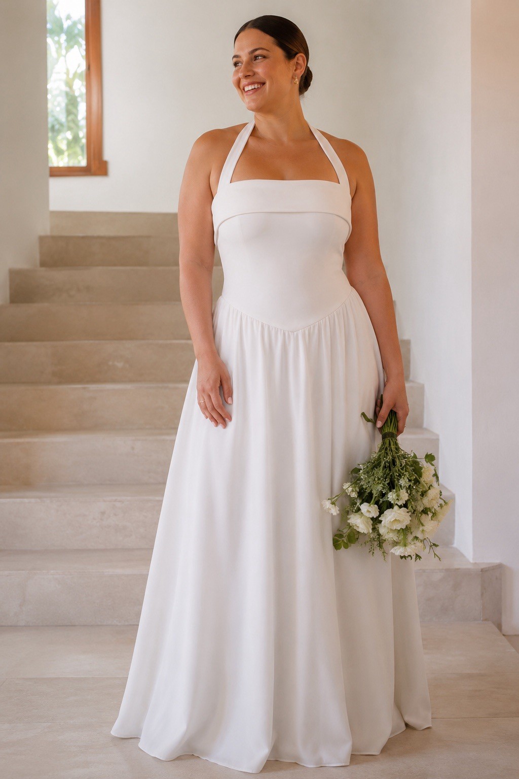 Lulus Telia Wedding Dress Sz Large White Halter Basque Waist Maxi Minimalist