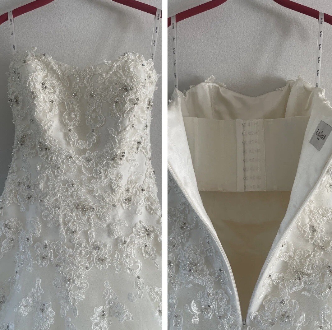 La Soie Bridal Wedding Gown White Tulle Ball Gown Strapless Crystals Beaded US 6