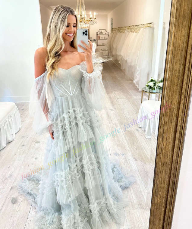 Dusty Blue Wedding Dress Detachable Long Blouson Sleeves Ruffle Tulle Boho Garde