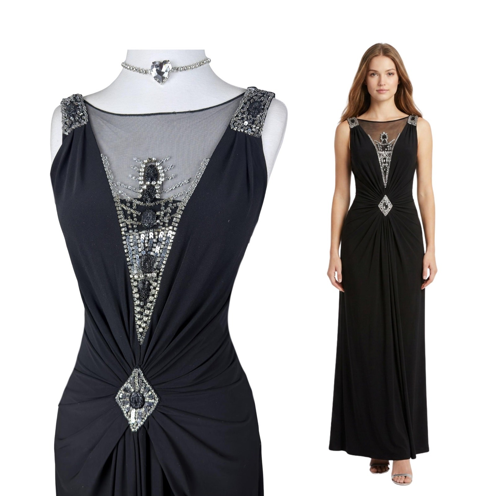 Vintage Black Beaded Maxi Gown, Art Deco Glam Stretch Formal Dress