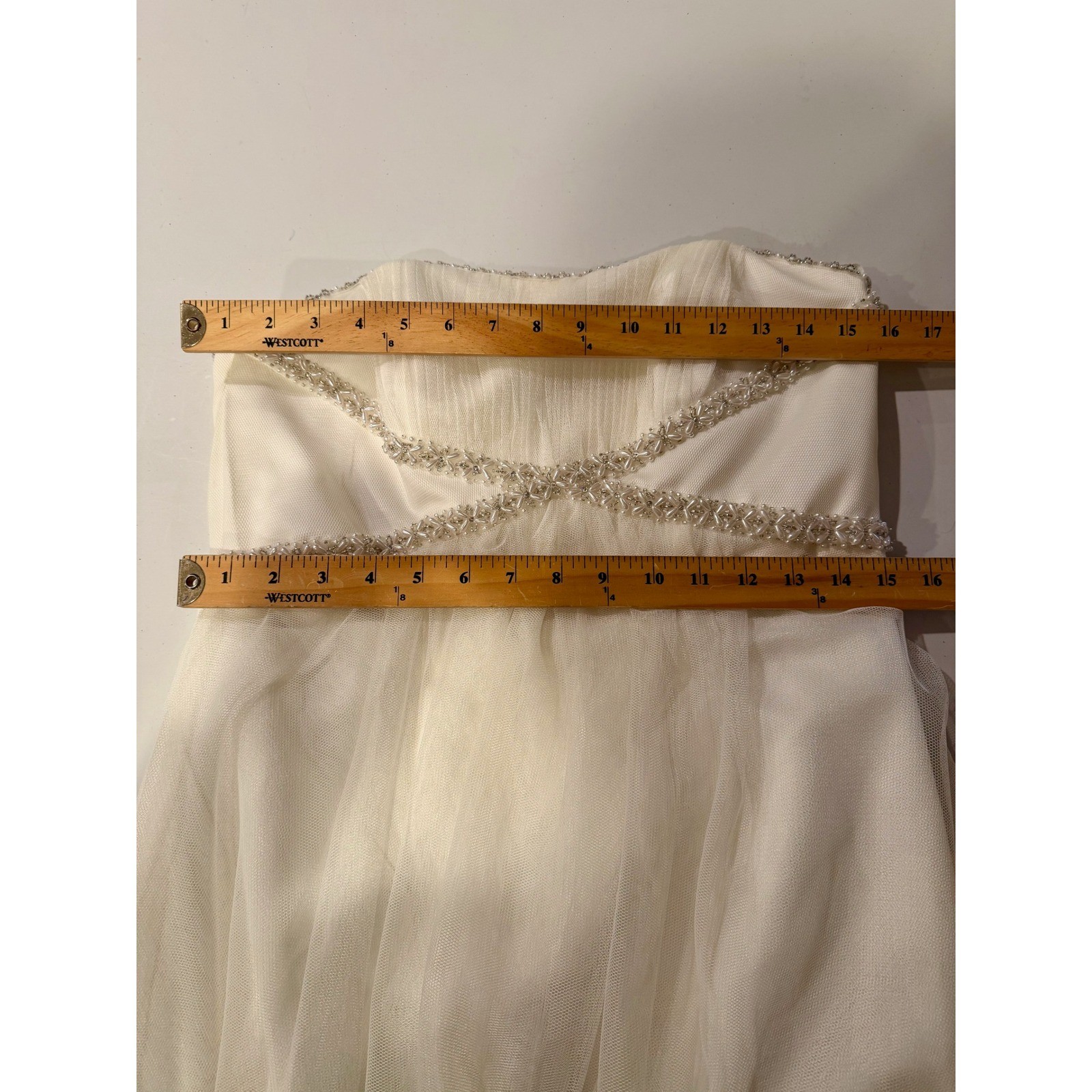Davids Bridal Ivory Strapless Tulle Wedding Gown Size 8 Embellished Waist Beaded