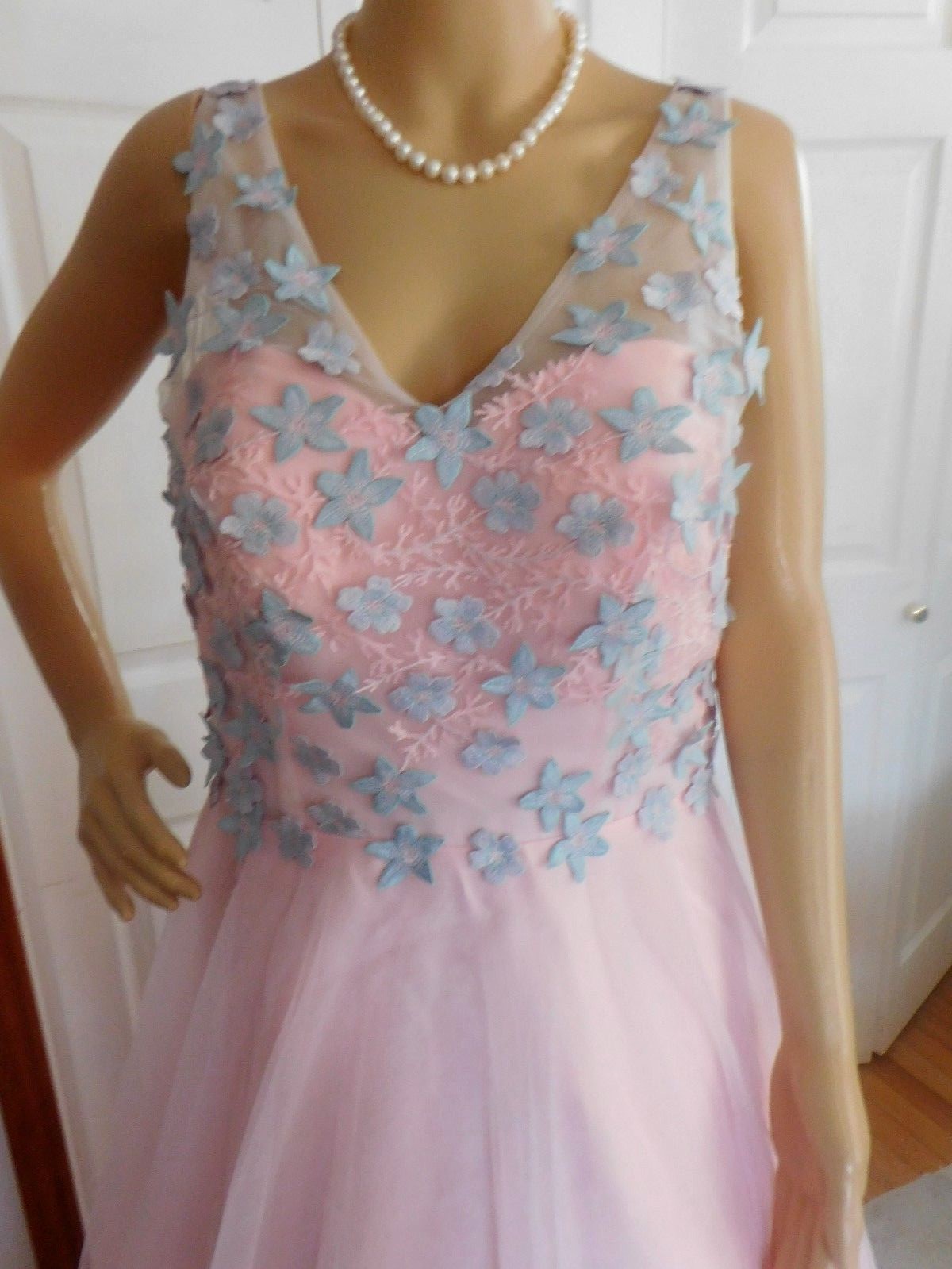 Vintage Pink Floral Appliques V Neck Polyester Floor Length Wedding Dress XL
