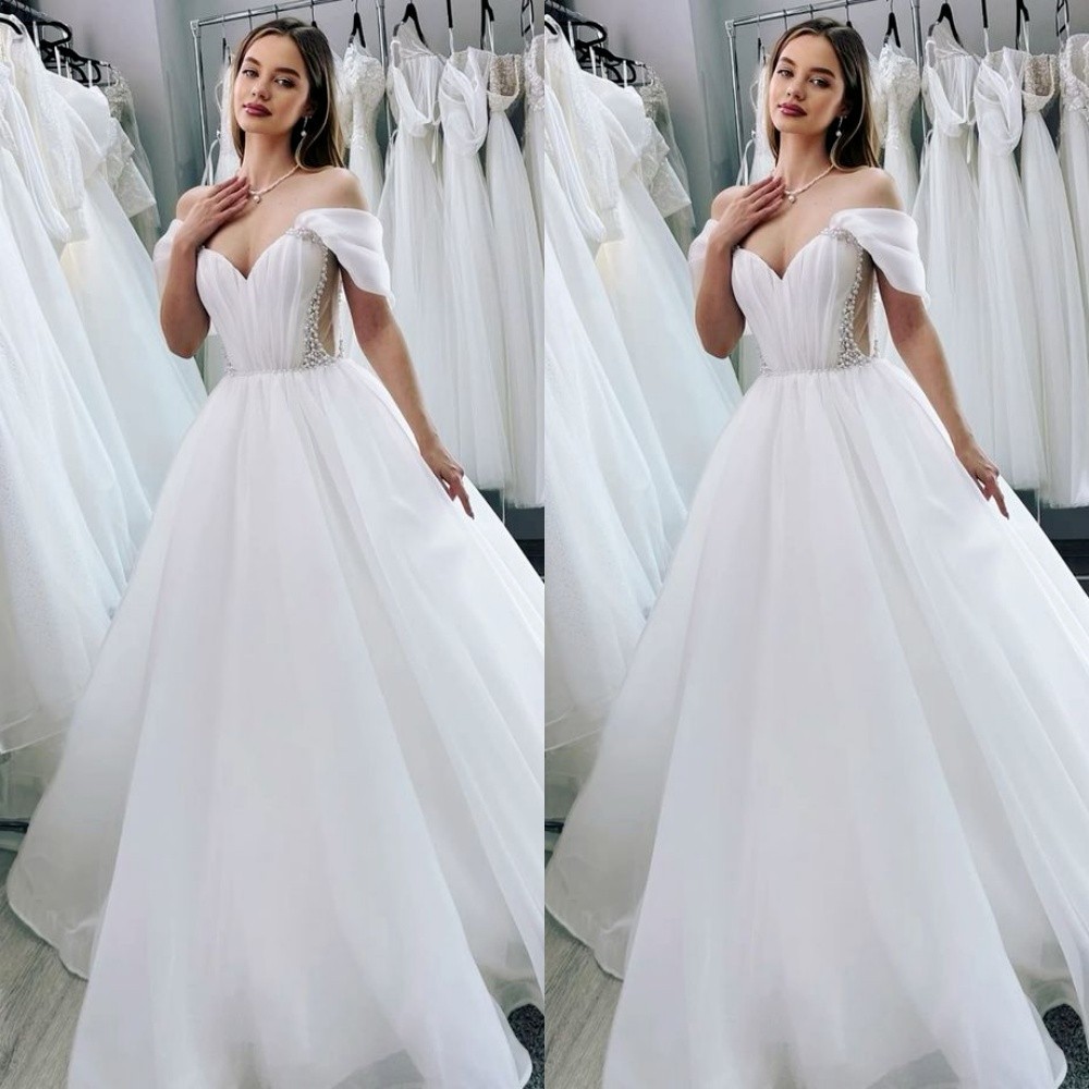 Romantic Wedding Dresses Off The Shoulder A Line White Ivory Tulle Bridal Gowns