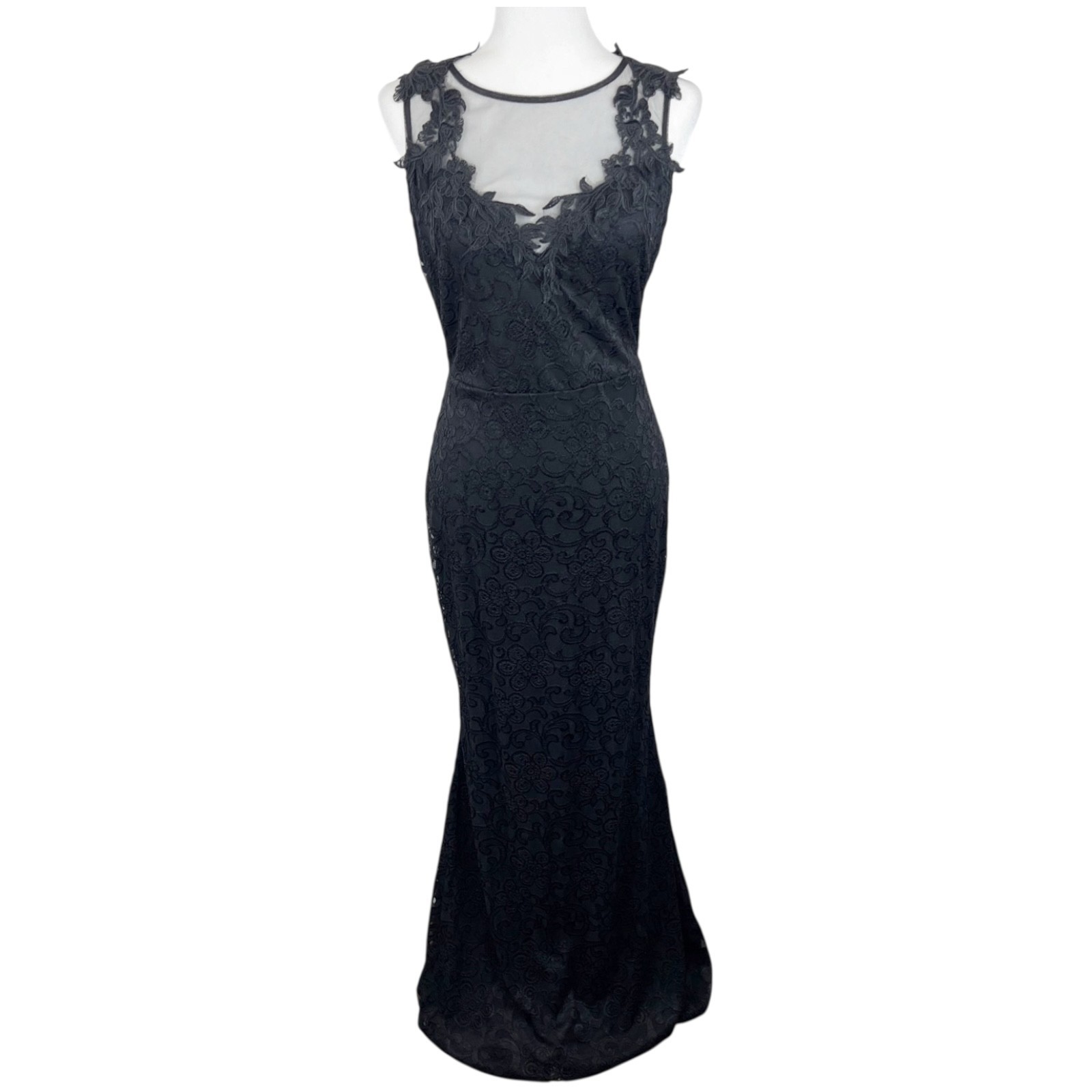 Symphony Gown Women Large Black Mesh Collar Long Maxi Formal Floral Applique NWT