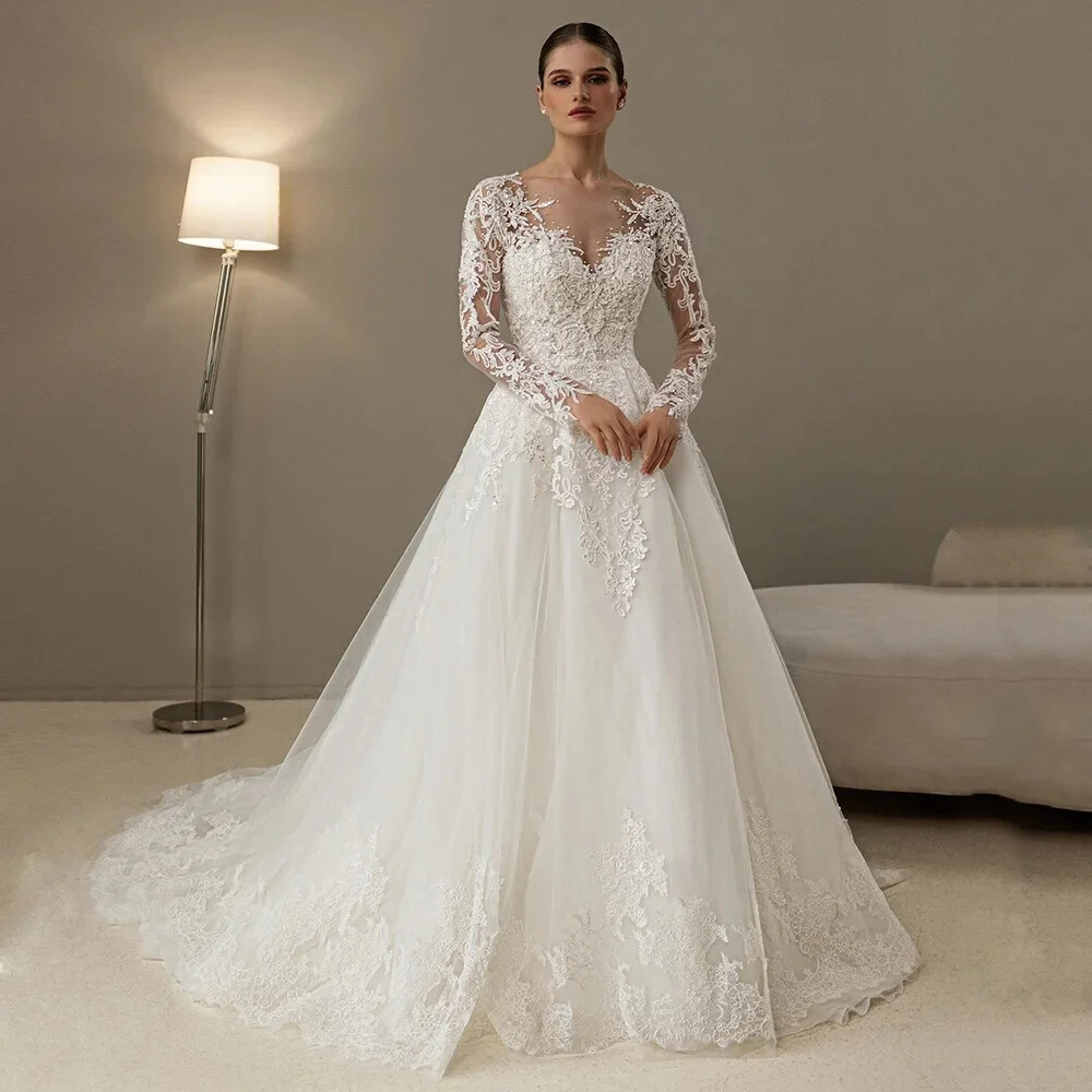 White Wedding Dress Long-sleeve V-neck Pearl Beaded Tulle Lace Appliquéd
