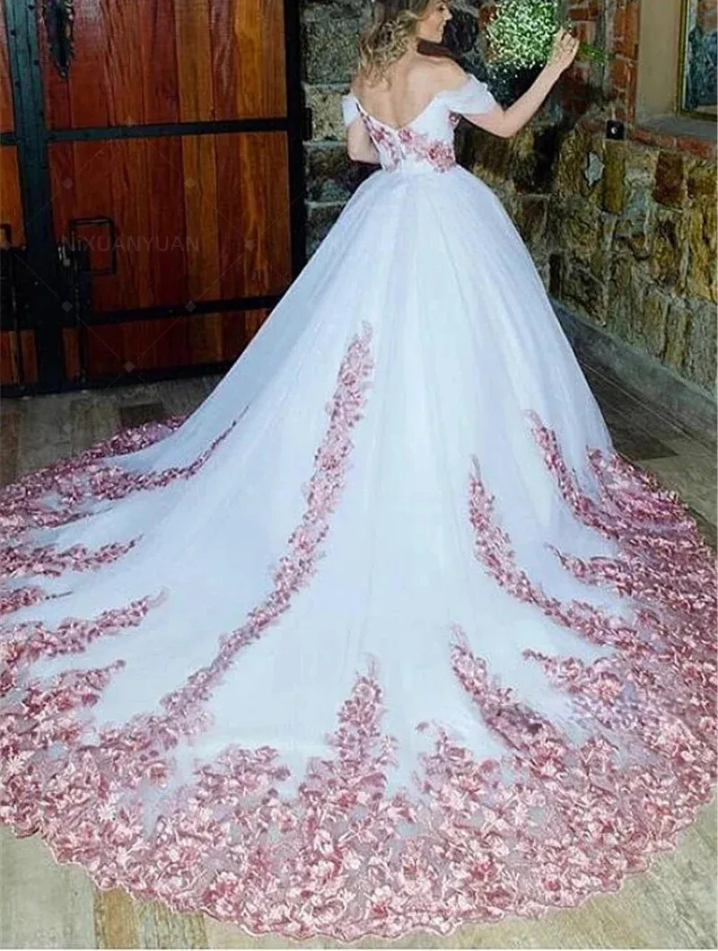 White Pink A Line Wedding Dress Lace Appliques Open Back Romantic Bridal Gown