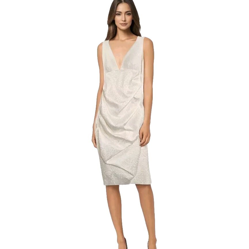 Nicole Miller Womens Jacquard Plunge Bodycon Midi Dress 8 Ivory Ruched Romantic