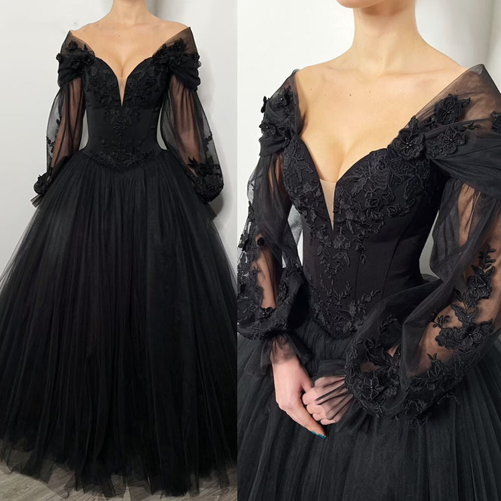 Black Wedding Dresses V Neck Lace Appliques Long Sleeves Gothic Bridal Gowns