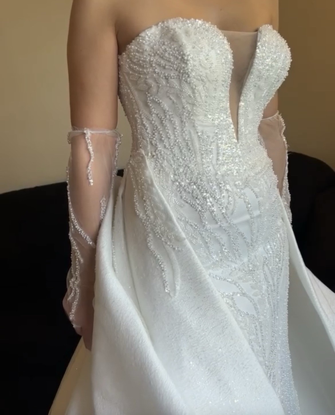 Handmade White Beaded Lace Fit and Flare Wedding Dress Plunge Neck Train Corset