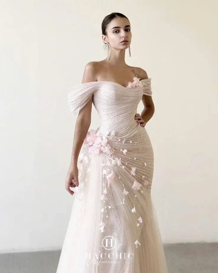Customized Pink Off-the-Shoulder Mermaid WeddingDress with Floral Embellishments