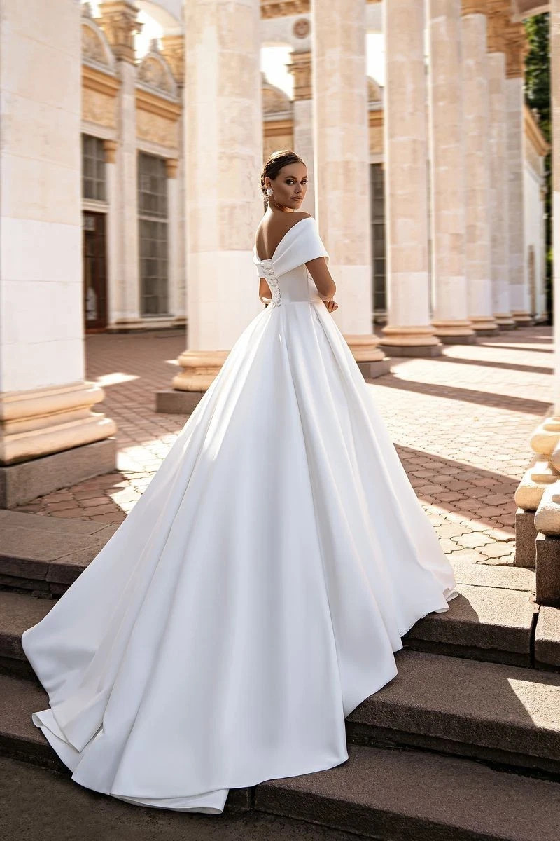 Silviamo SN-195 Fiona Ivory Satin A-Line Off Shoulder Wedding Dress Gown Sz 2