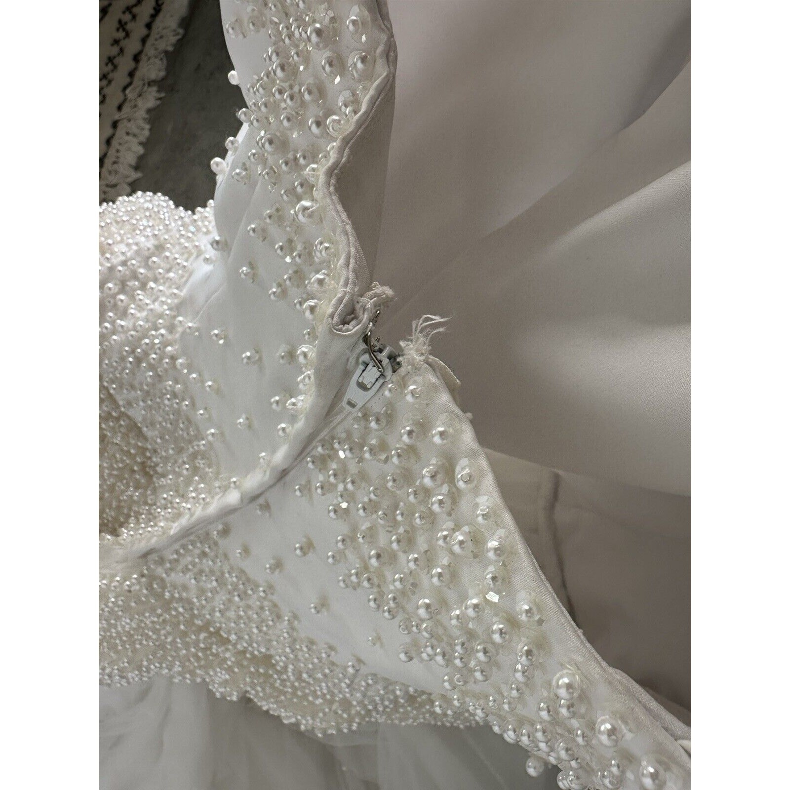 Oleg Cassini Women’s 8 Dress White Satin Wedding Beaded Bodice & Tulle Skirt
