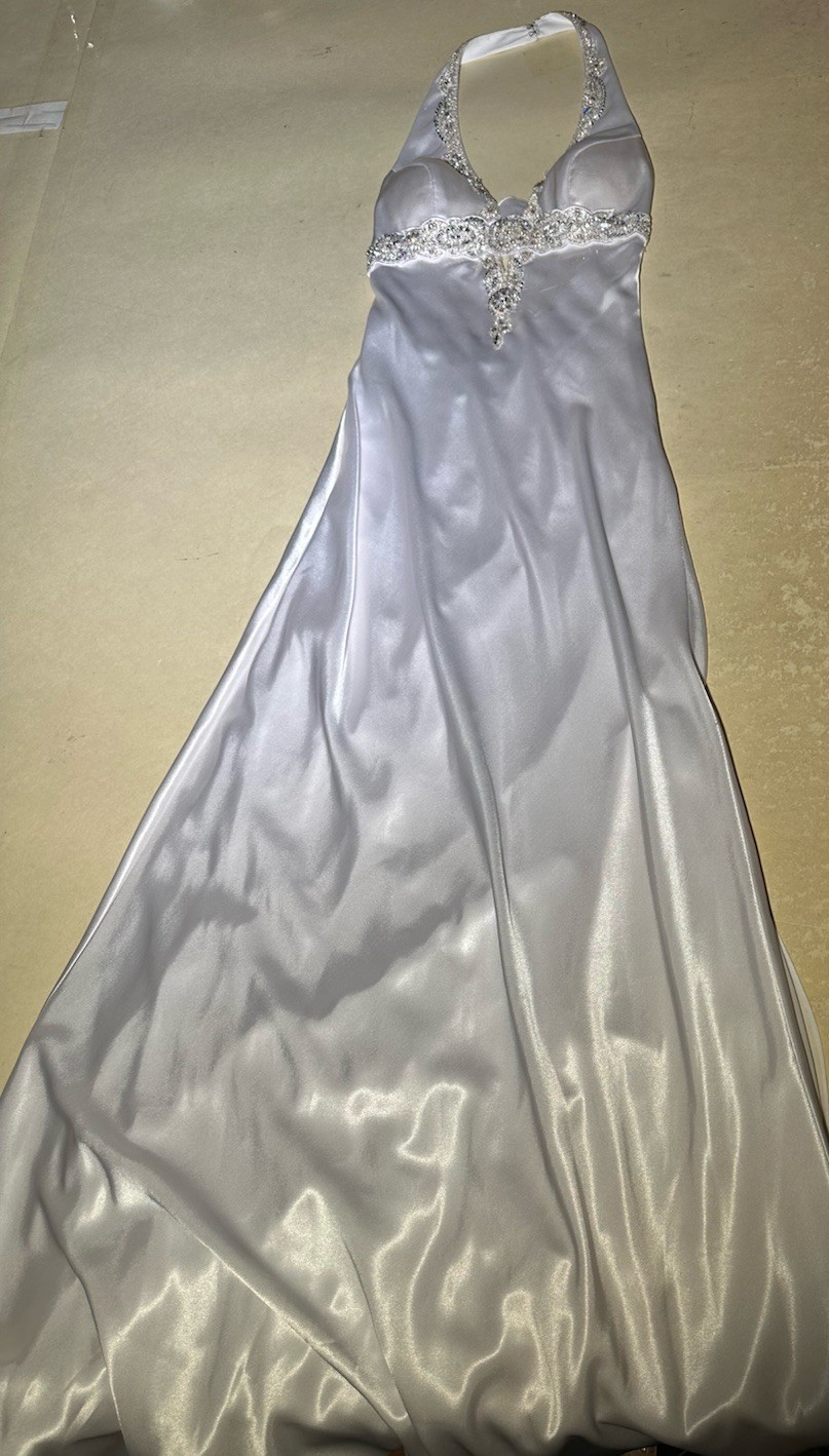 Sean Couture White Satin Silver Beads Ect. Halter L Gown/Wedding Dress SzXXS Use