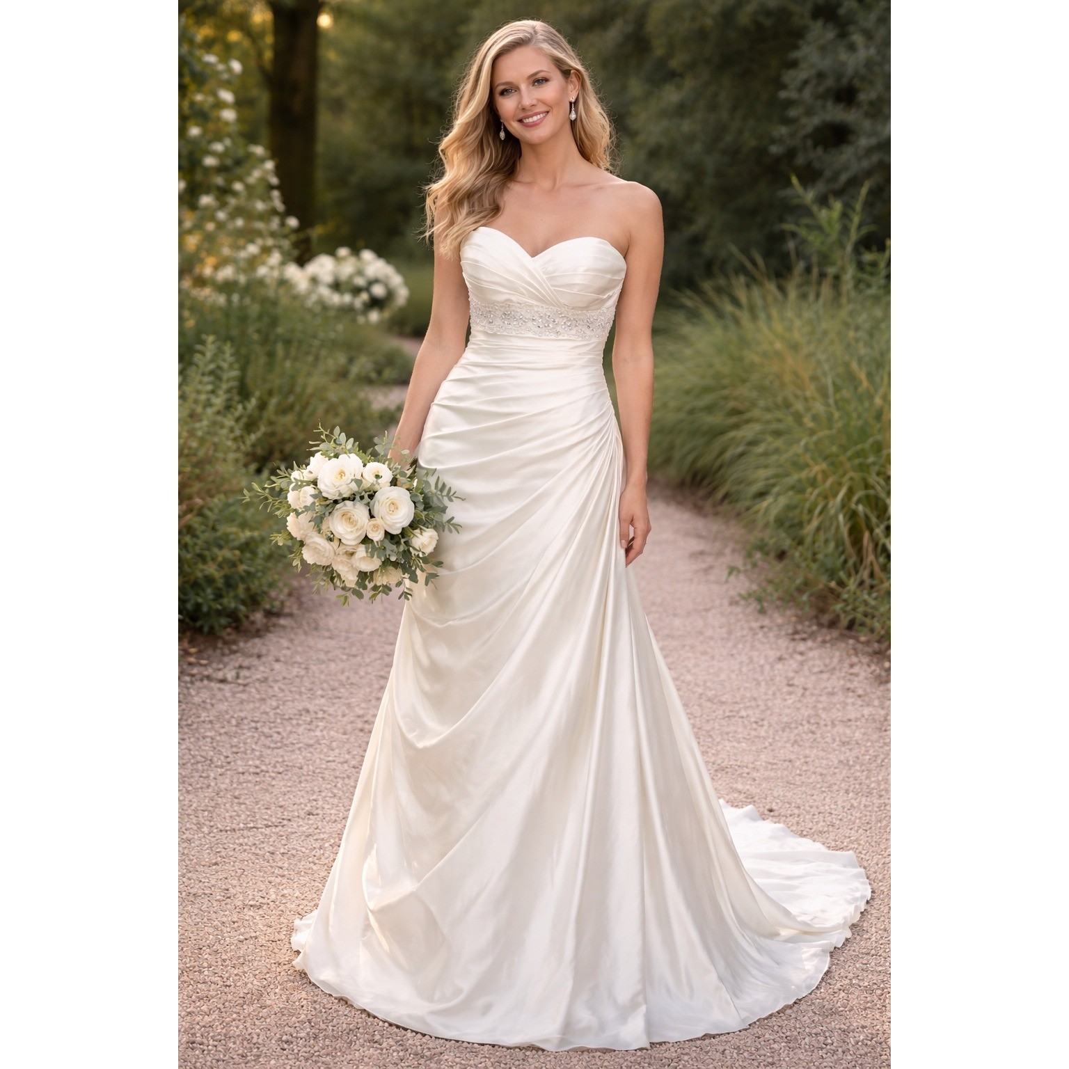 Essense of Australia Ivory Satin Ruched Strapless Wedding Dress Gown Size 12