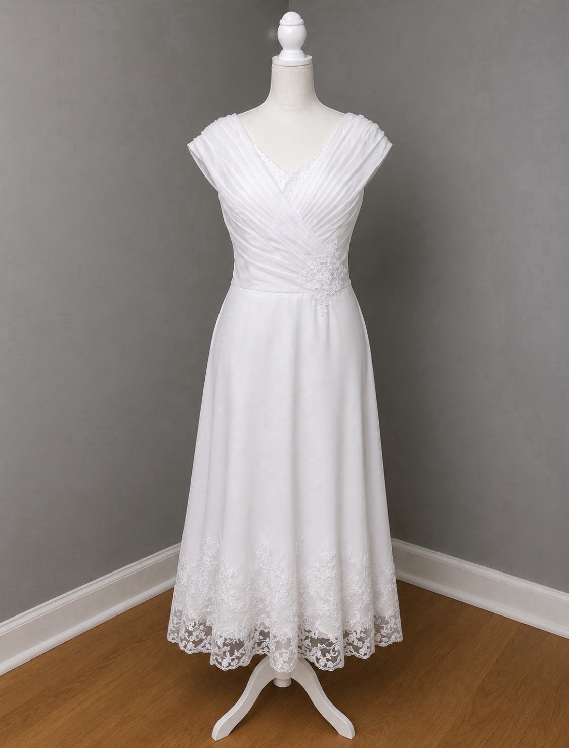 White A-Line V-Neck Cap Sleeve Tea-Length Lace Corset Back