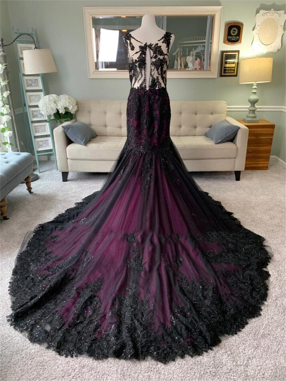 Black and Purple Wedding Dresses with Cape Gothic Mermaid Illusion Bridal Gowns