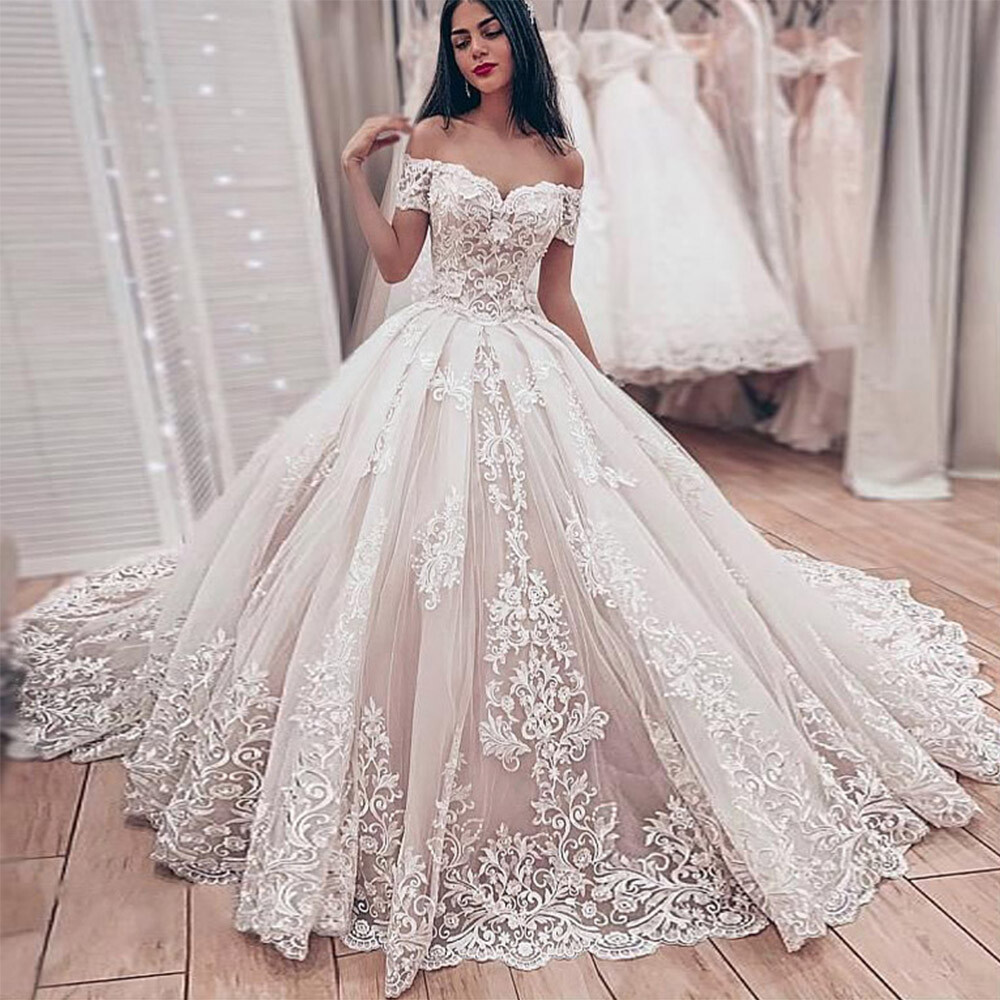Elegant Wedding Dresses Off the Shoulder Lace Appliques Sweep Train Bridal Gowns