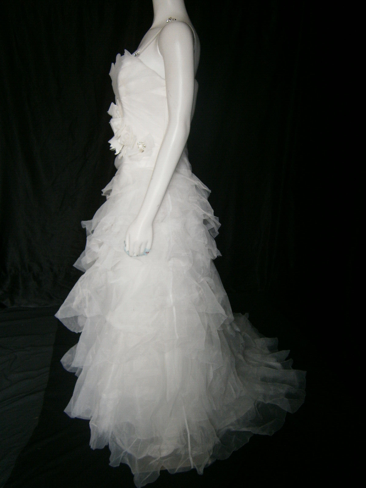 Anjolique Wedding Dress 8 Off-White Organza Ruffles Bling Tulle Straps Roses Bow