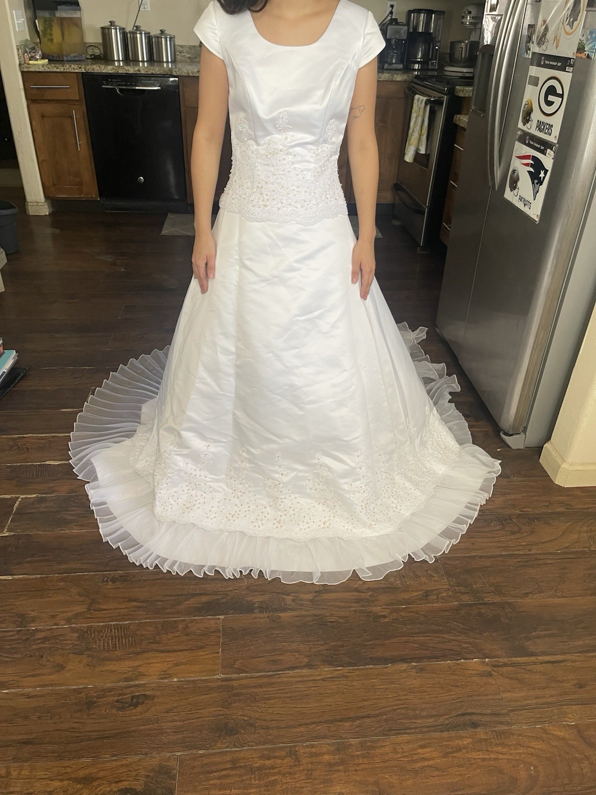 Eternity White Satin A-Line Wedding Dress Scoop Neck Cap Sleeve Lace Train 6