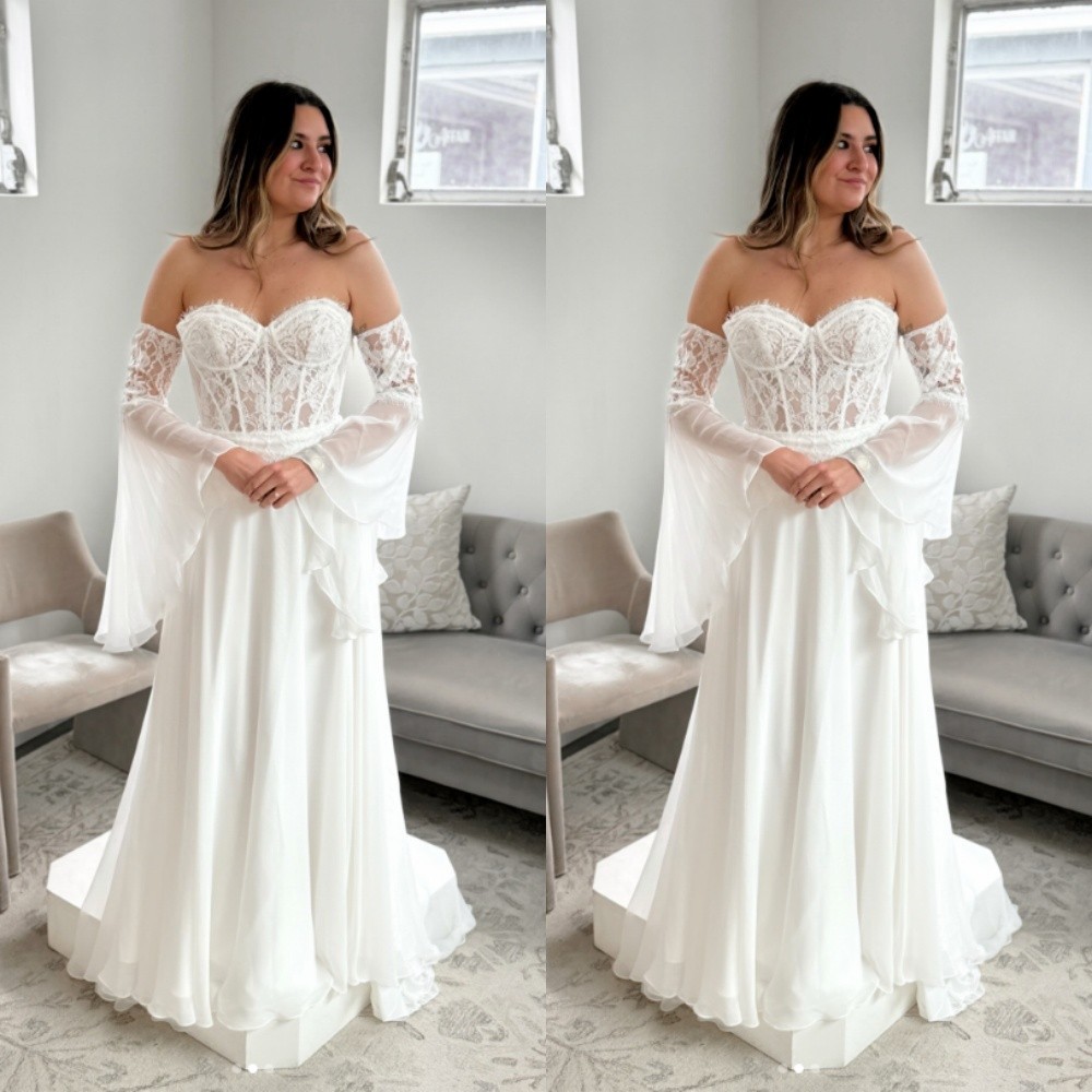 Boho Wedding Dresses With Sleeve Chiffon Strapless Lace A Line Beach Bridal Gown