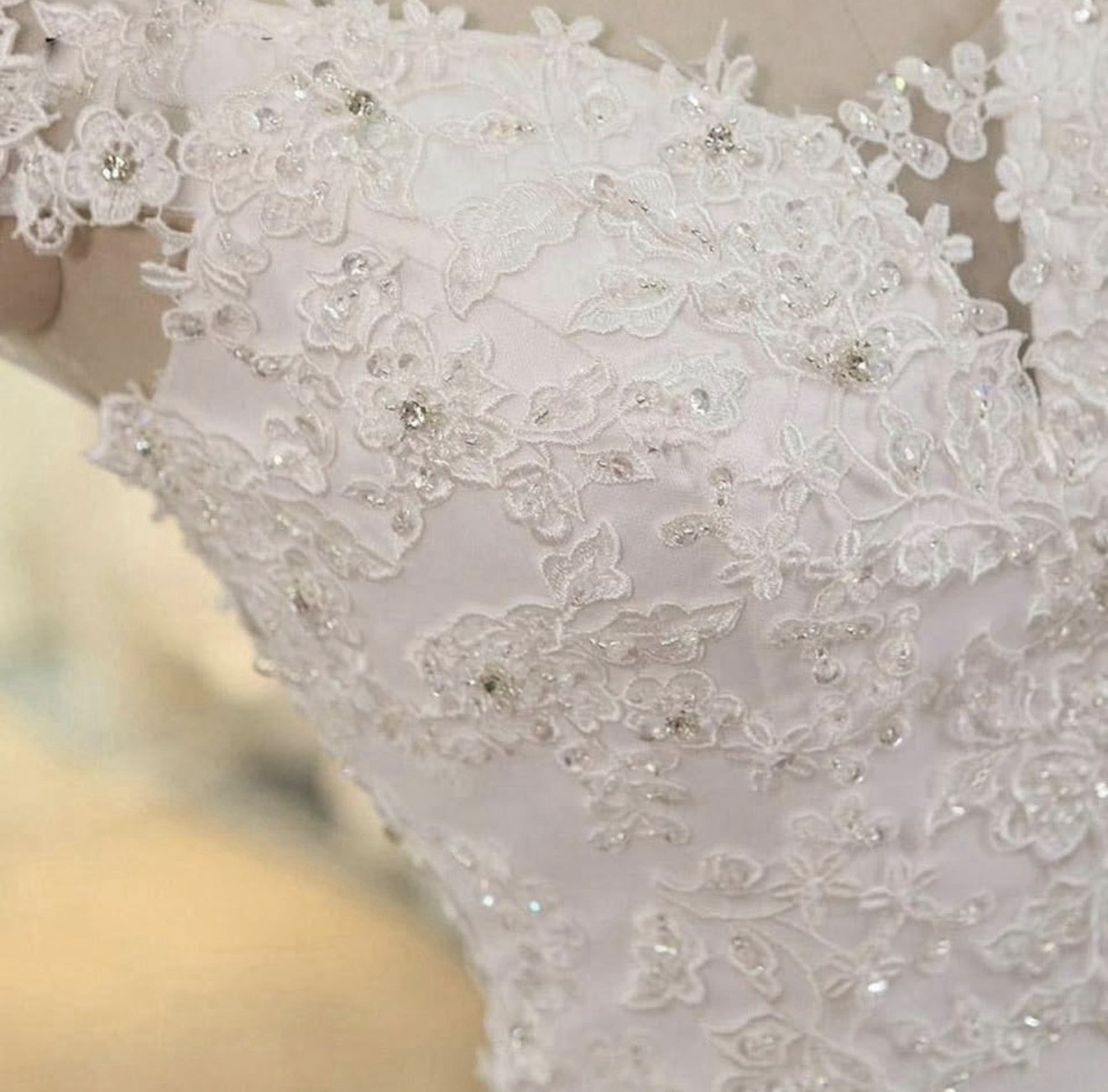 White Lace Mermaid Wedding Dress Off-Shoulder Cap Sleeve Train Beading Buttons