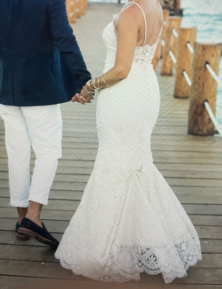 Ivory Lace Wedding Dress High Neck Thin Strap Backless Beach Boho Cottagecore