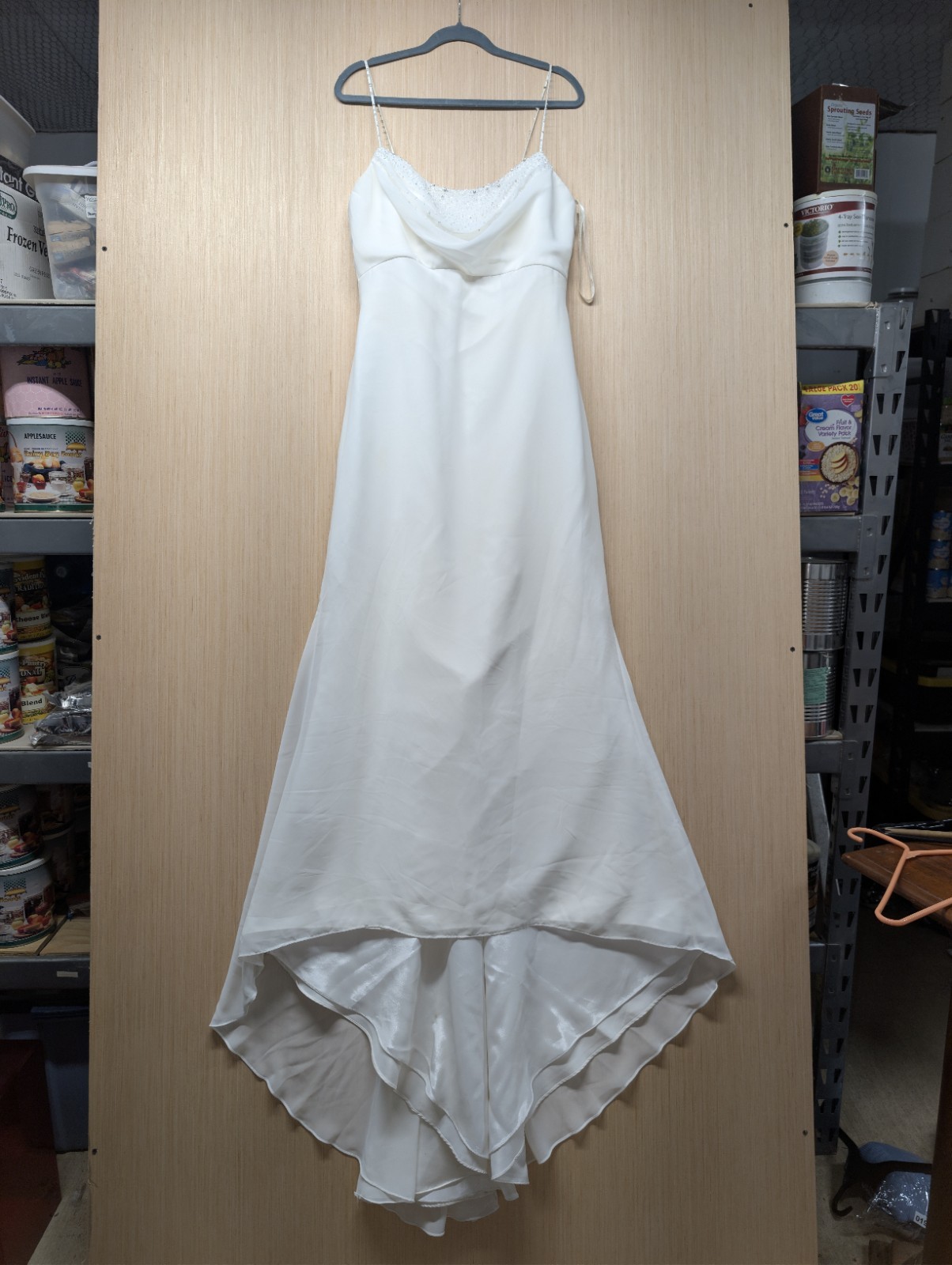 David’s Bridal Gown Galina Sz 12 Ivory Iridescent Beaded Cowl Neck Wedding Dress
