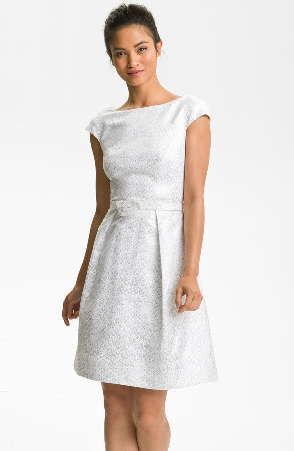 THEIA Cap Sleeve White Jacquard Fit & Flare Dress Wedding – NWT Size 4 $495