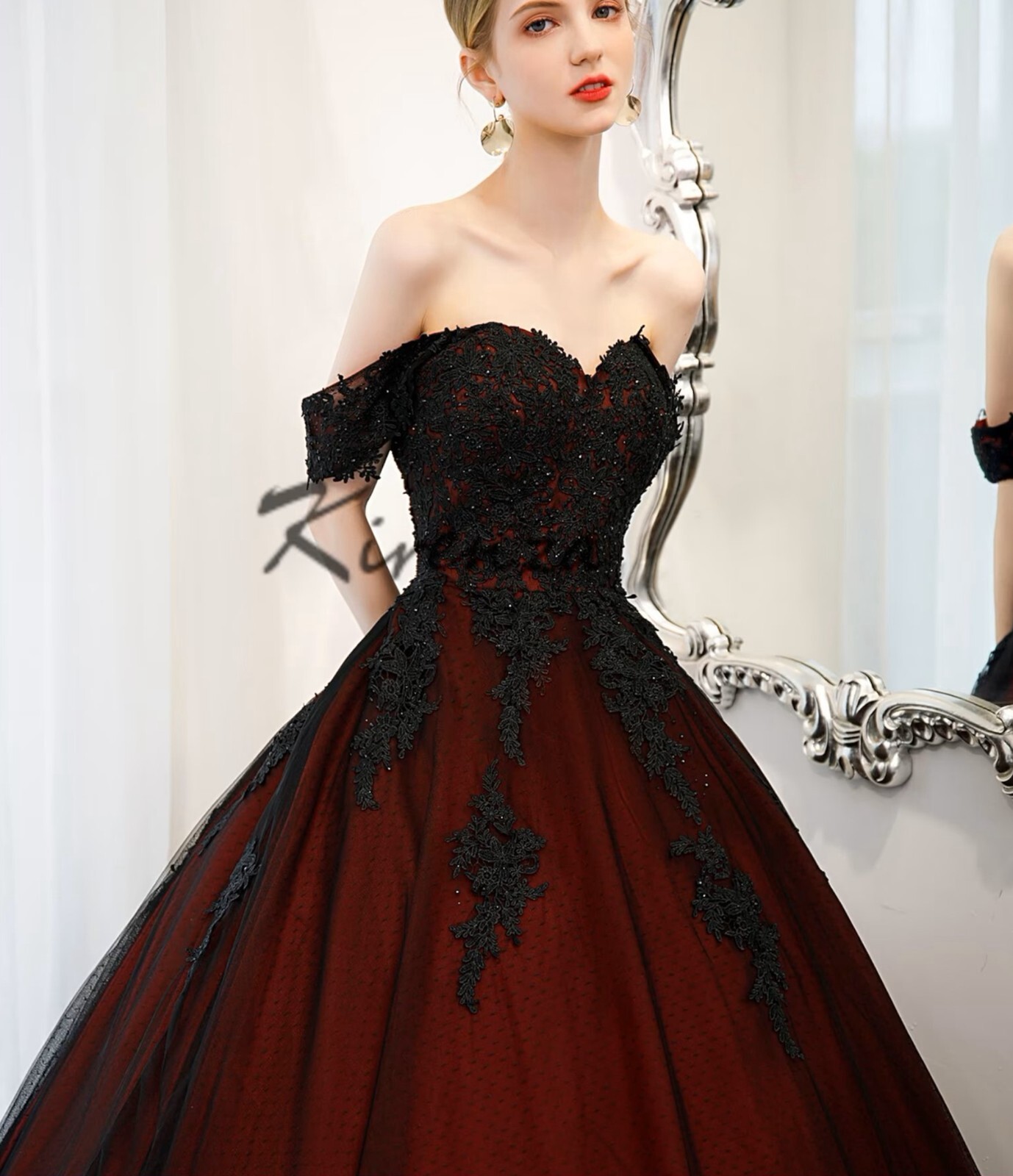 Colorful Burgundy Black Wedding Dress Bridal Gown Designer Custom made Corset