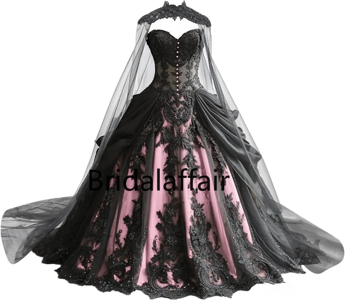 Gothic Weeding Dresses Lace Applique Bridal Dresses Tiered Tulle with Cape