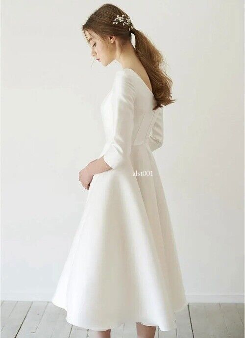 New Simple Wedding Dresses Satin Tea Length with Sleev Robe-de-mariee China
