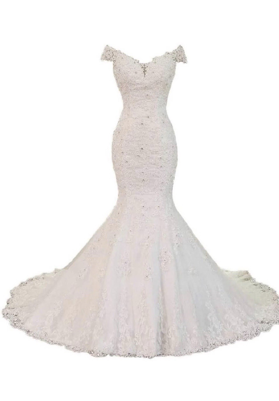 White Lace Mermaid Wedding Dress Off-Shoulder Cap Sleeve Train Beading Buttons