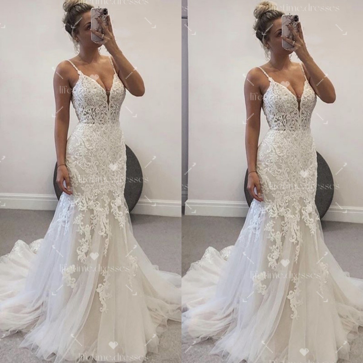 Mermaid Wedding Dress Deep V Neck Sleeveless White Ivory Sleeveless Bridal Gown