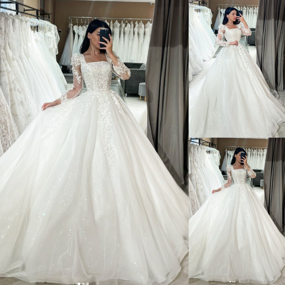 Square Neck Wedding Dresses with Long Sleeves Glitter A Line Lace Bridal Gowns