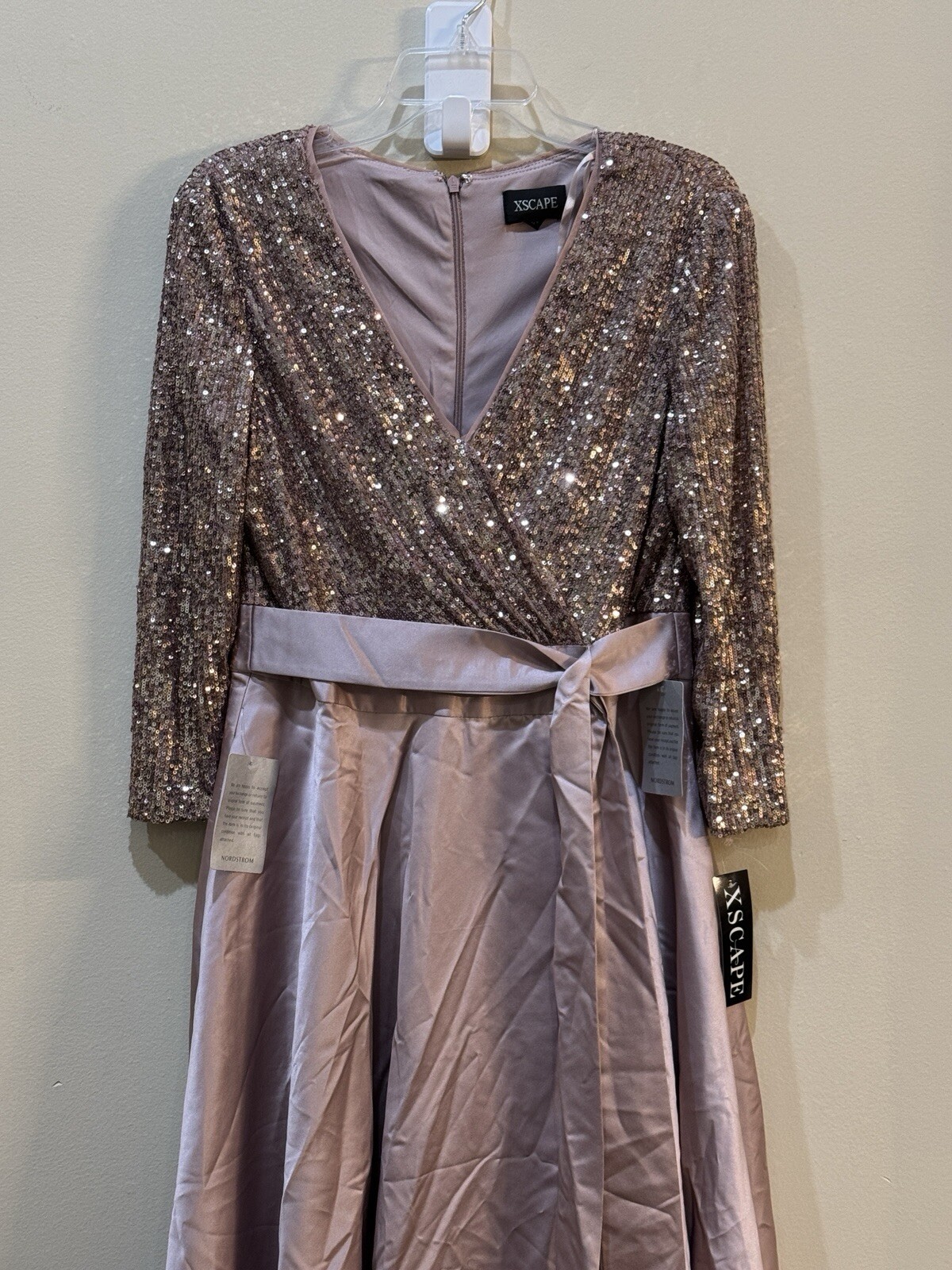 Xscape 3/4 Sleeve Sequin Top Stain Ballgown Mauve Size 12 Bow Formal Wedding